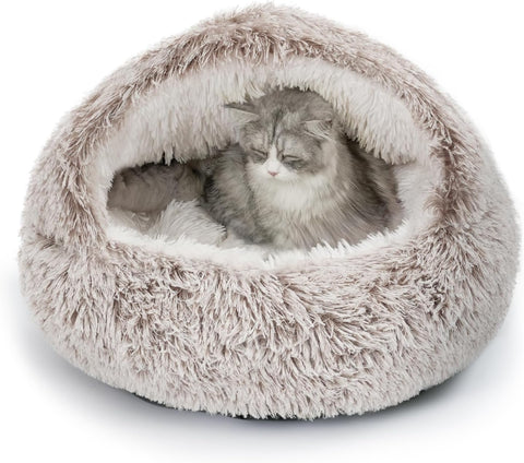 Plush Hooded Cat Bed, Calming Nest, Self-Warming Cave, Cozy Pod for Indoor Cats or Small Dogs