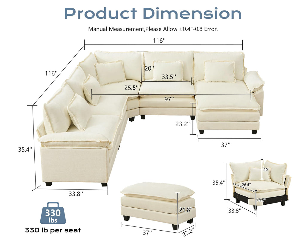 116" Oversized Modular Sectional Sofa U-Shaped Corner Cloud Couch with Ottoman, Convertible Deep Seat Chenille Couch