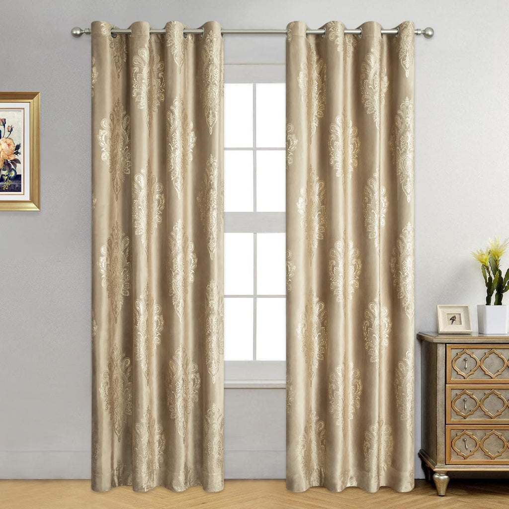 Velvet Curtains 96 Inches Long, Brown Floral Pattern Blackout Drapes, Soft Touch Vintage Window Treatment, 52 x 96, 2
