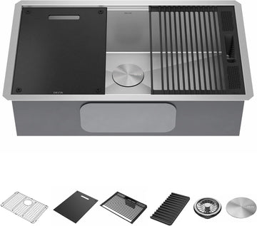 Rivet 32-Inch Workstation Kitchen Sink Undermount 16 Gauge Stainless Steel Single Bowl with WorkFlow Ledge and Chef's
