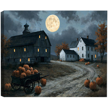 Vintage Farmhouse Framed Wall Art, Full Moon Barn and Pumpkin Canvas Pictures, Rustic Fall Artwork Dining Room