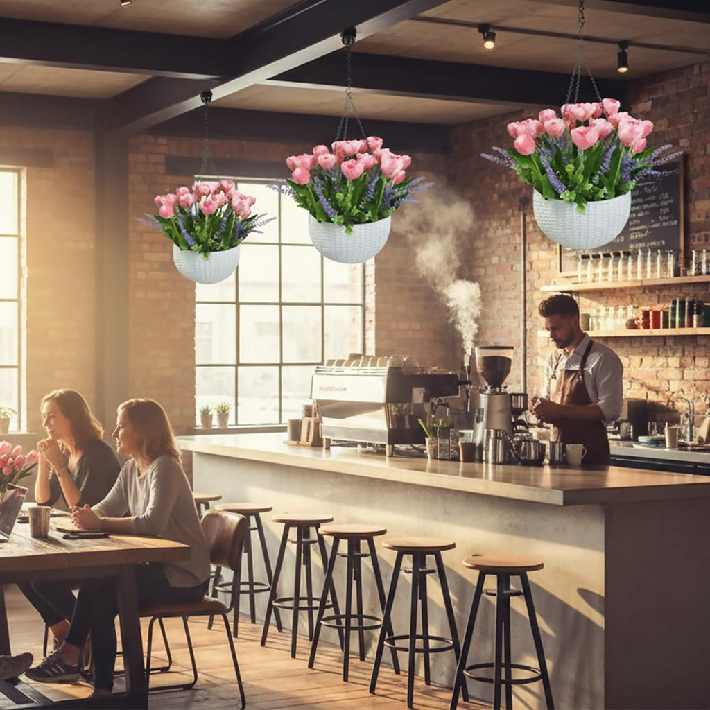 Artificial Flowers Hanging Basket, Pink Tulips