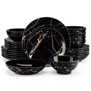 Plates and Bowls Sets for 6, 24 Pieces Porcelain Dinnerware Sets, Black and Gold Dish Set Gold Splash Dishware Sets