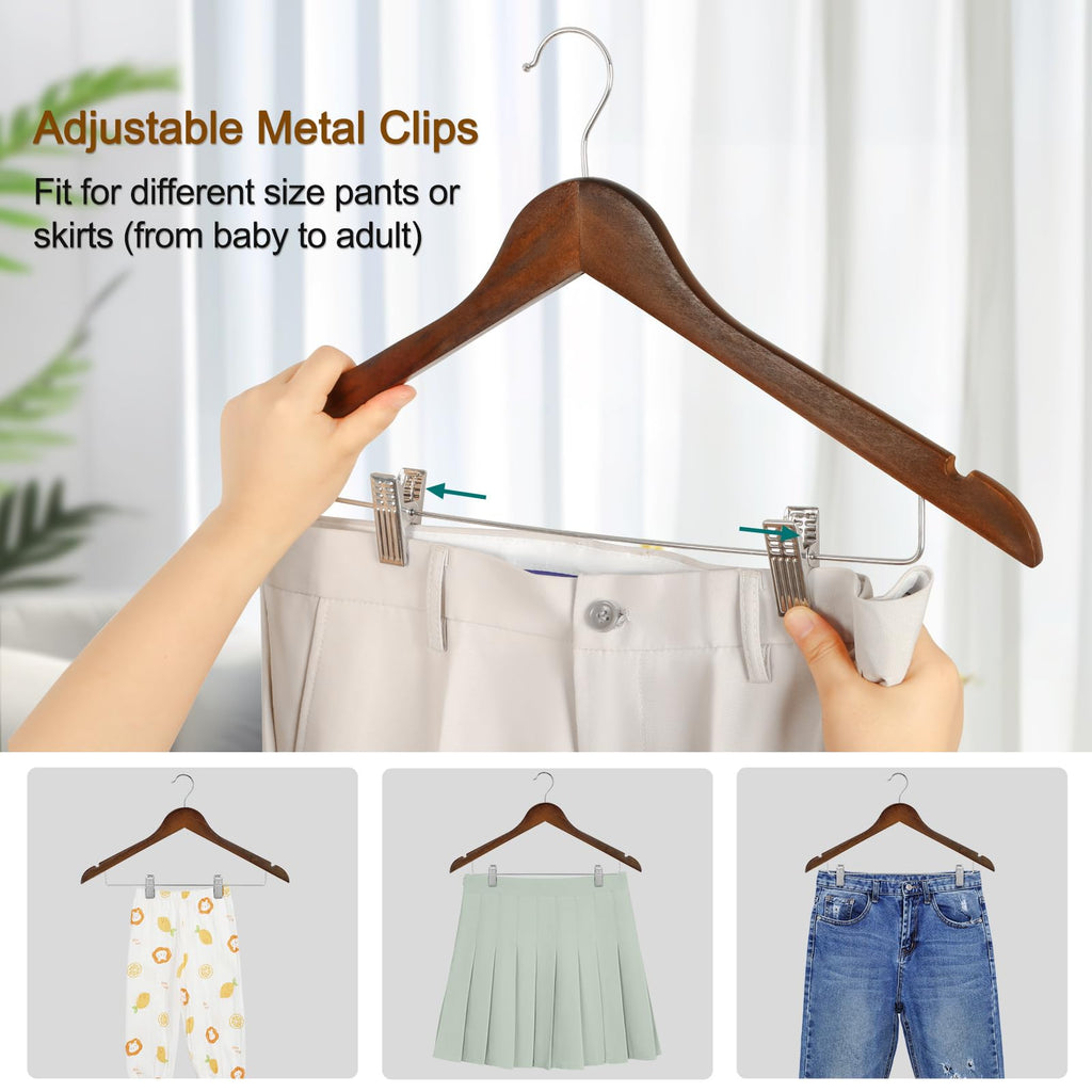 Wooden Suit Hangers with Adjustable Metal Clips (20 Pack), Solid Wood Clothes Hangers, 360° Swivel Hook, Premium
