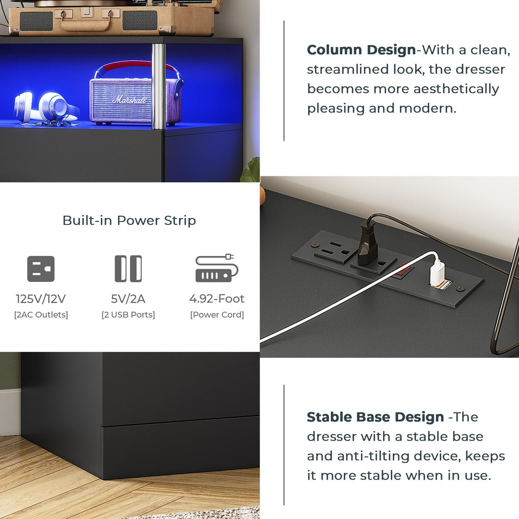 Black Dresser with Column Design & Charging Station, Led 5 Drawers Tall Dresser, Black