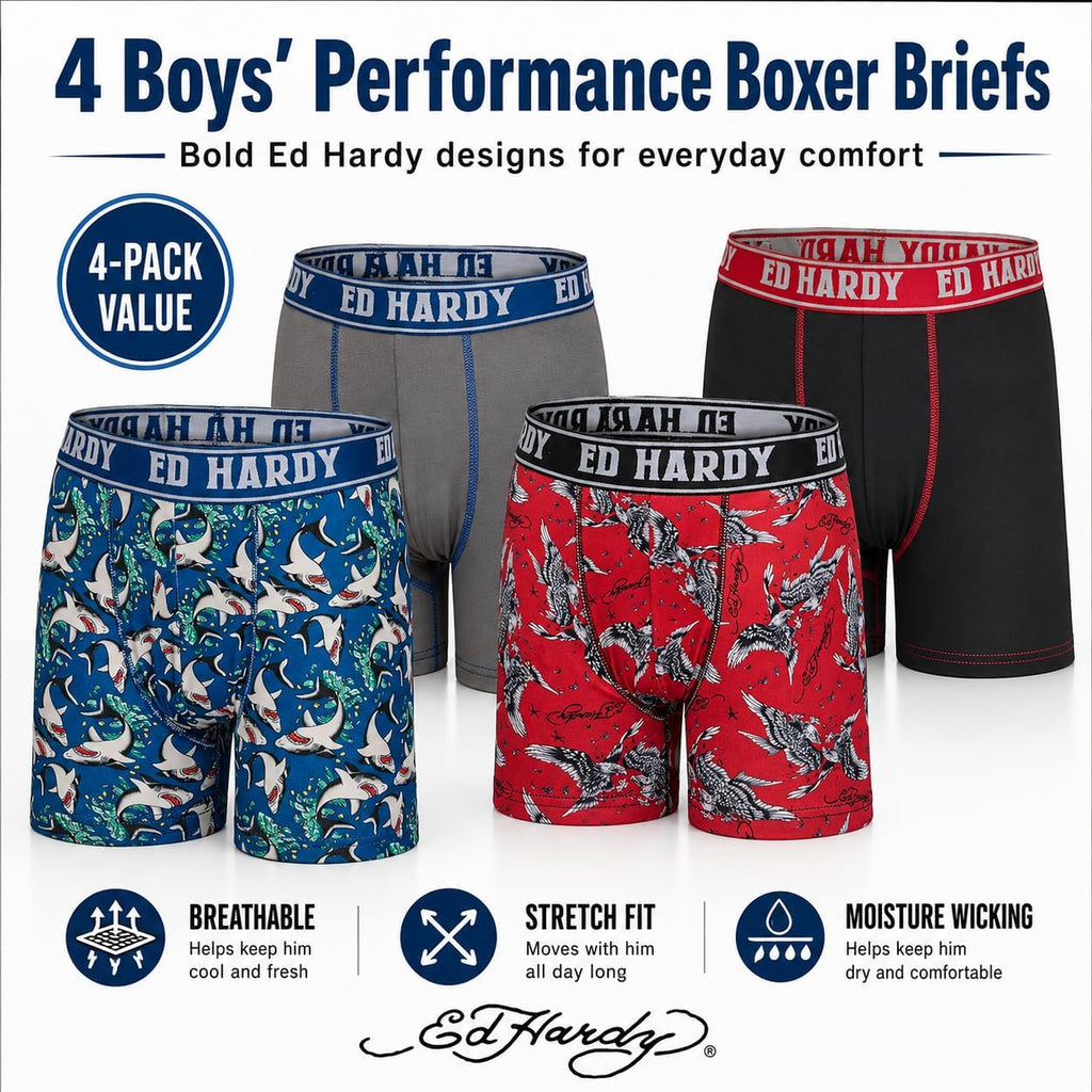 Boys Boxer Briefs Multipack Performance Underwear, Breathable Stretch Fabric, Tattoo Skull Graphic Designs