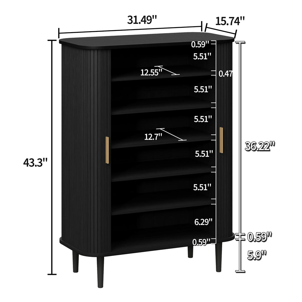 Shoe Storage Cabinet with Sliding Door, 6-Tier Shoe Cabinet with Adjustable Shelves, Mid-Century Modern Freestanding