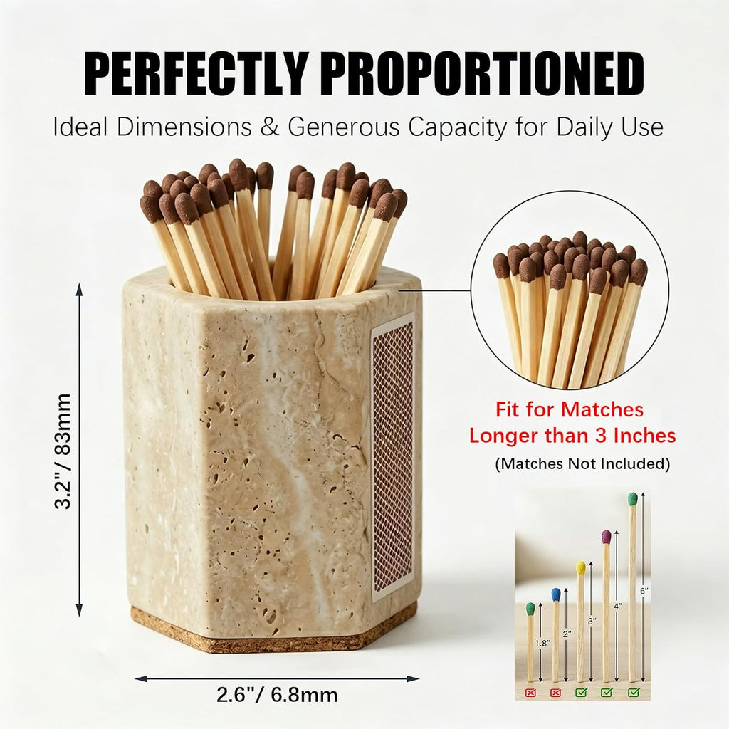 Hexagonal Travertine Match Holder with Striker, Large 3.2" x 2.6" Luxury Natural Stone Matches Jar with Cork Base