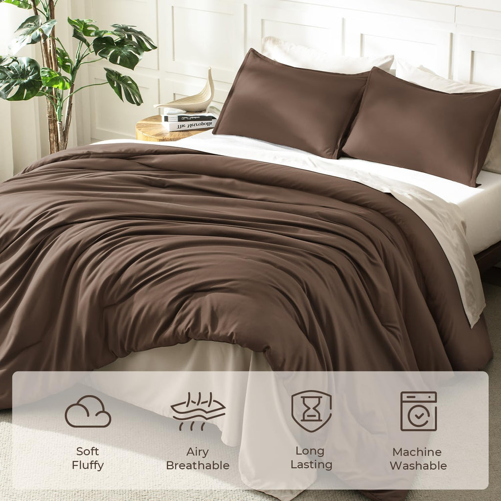 Brown Comforter Set, 3 Pieces Solid Bedding