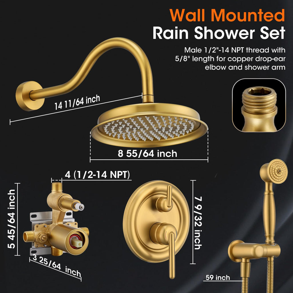 Rainfall Shower System Shower Faucet Set, Luxury, Antique, Brushed Gold