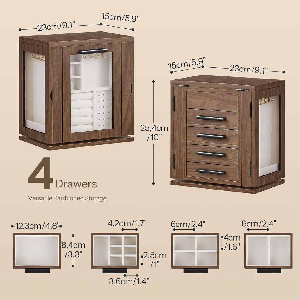 360° Rotating Jewelry Box with Mirror, Wooden Jewelry Organizer Box