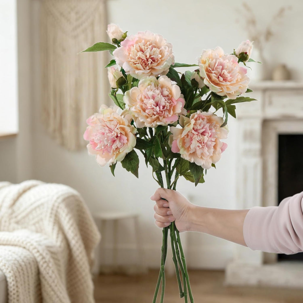 Real Touch Artificial Peonies,Champagne Pink Faux Silk Flowers - Set of 5