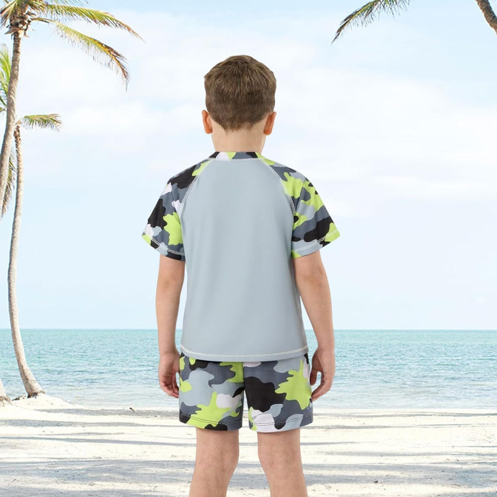 Boys Rash Guard Swimsuits Set for Boys 2 Piece Short Sleeve Swim Shirts Quick Dry Bathing Suits with Trunks