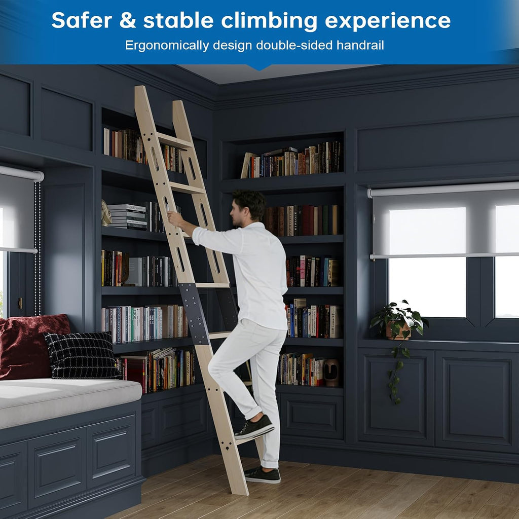 Rolling Library Ladder 8ft,450lbs Capacity,7 Steps with Build-in Handrail,Solid Wood,Easy Assembly for Loft Bookshelf