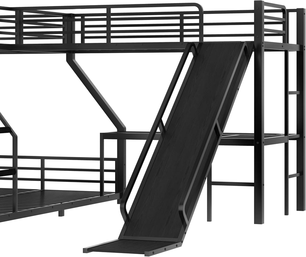 Twin XL Over Queen Bunk Bed Frame with Twin Loft Beds, Heavy Duty Triple Bunk Bed with Slide