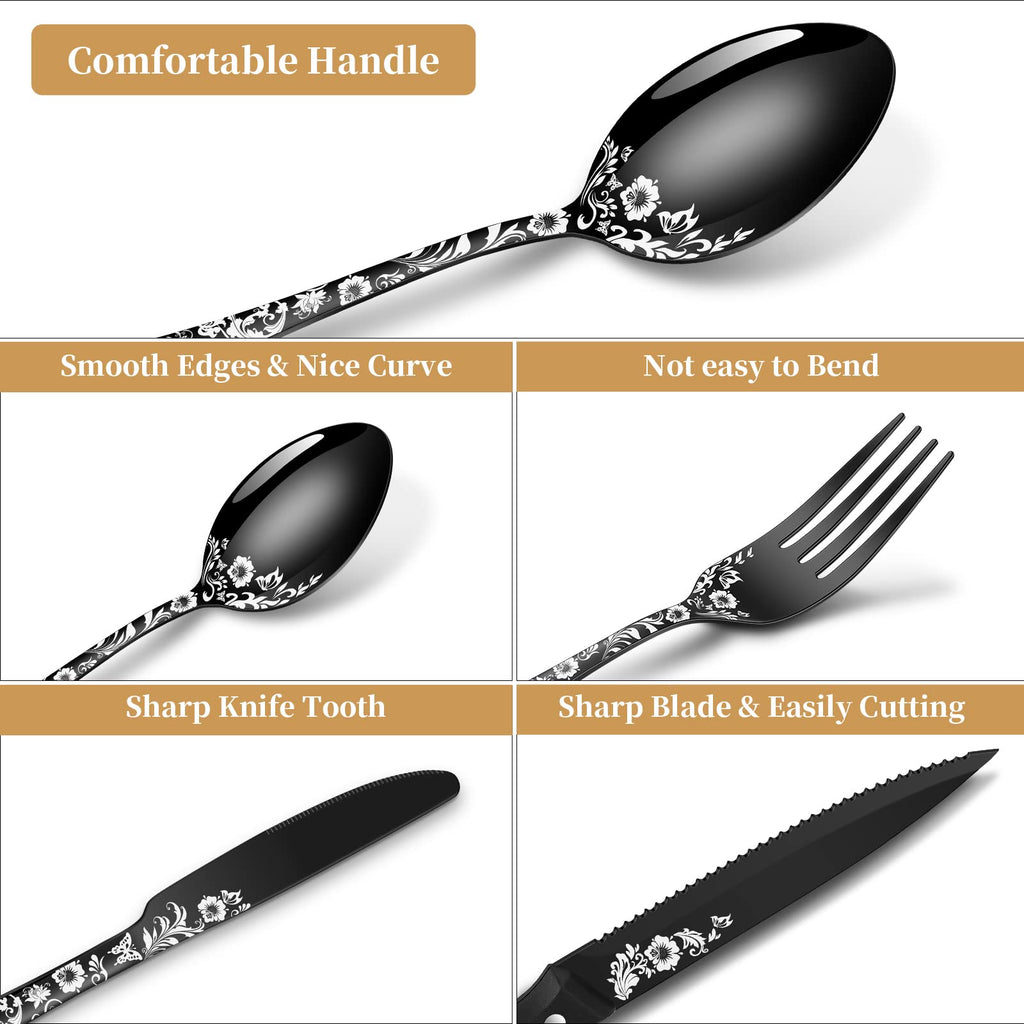 48-Piece Black Silverware Set with Steak Knife, Black Flatware Sets for 8, Stainless Steel Cutlery Set Includes Forks