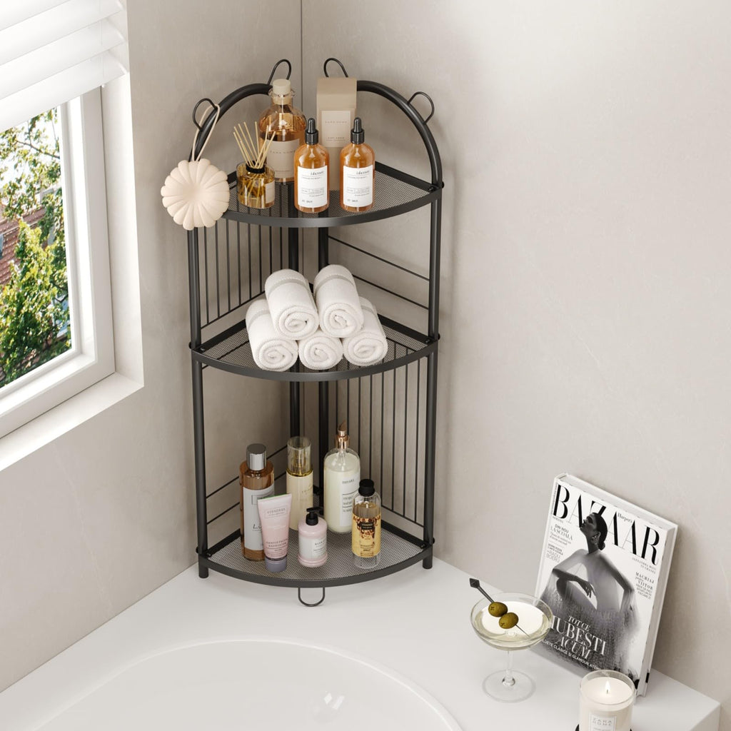 Corner Bathroom Shelf Metal Short Corner Stand Shelf Black Small Bathroom Storage Corner Shelf Unit for Toilet Shower