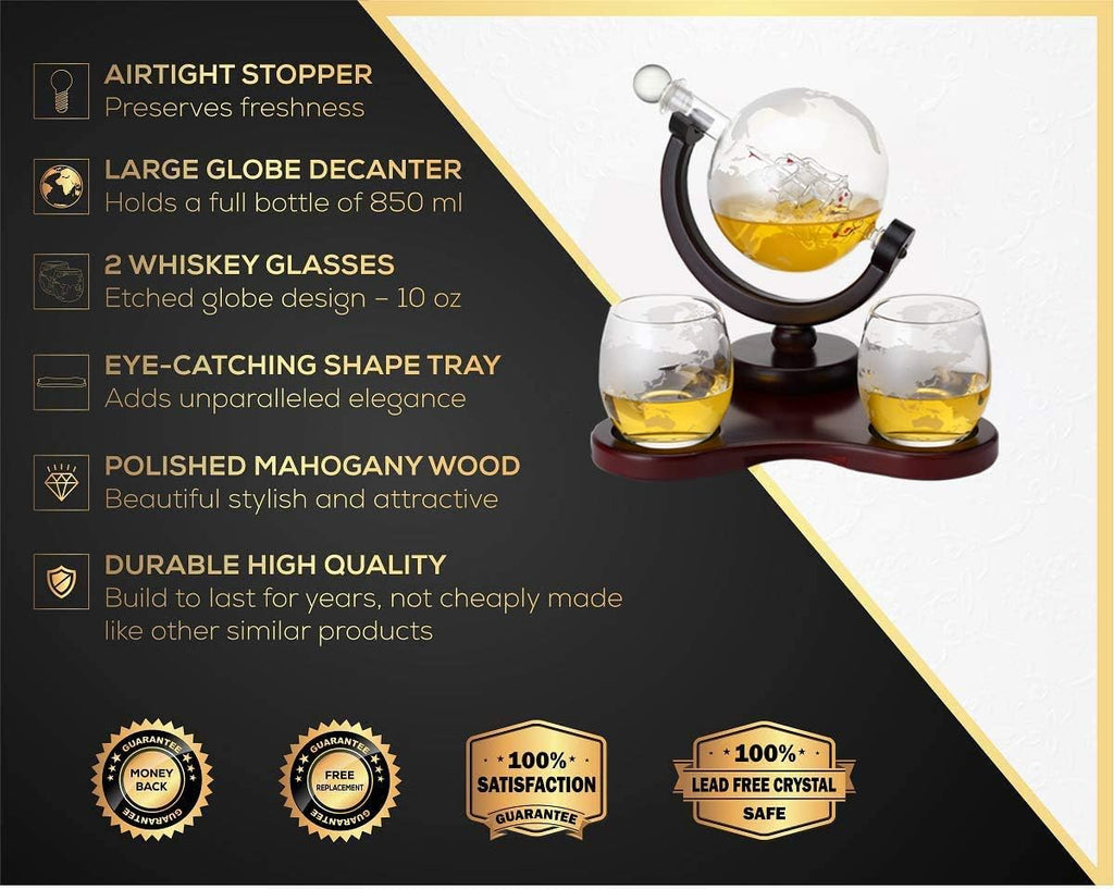 Whiskey Globe Decanter Set with 2 Glasses in Gift Box - Whiskey decanter for Liquor, Whiskey, Brandy, Gin, Rum - Set of 3