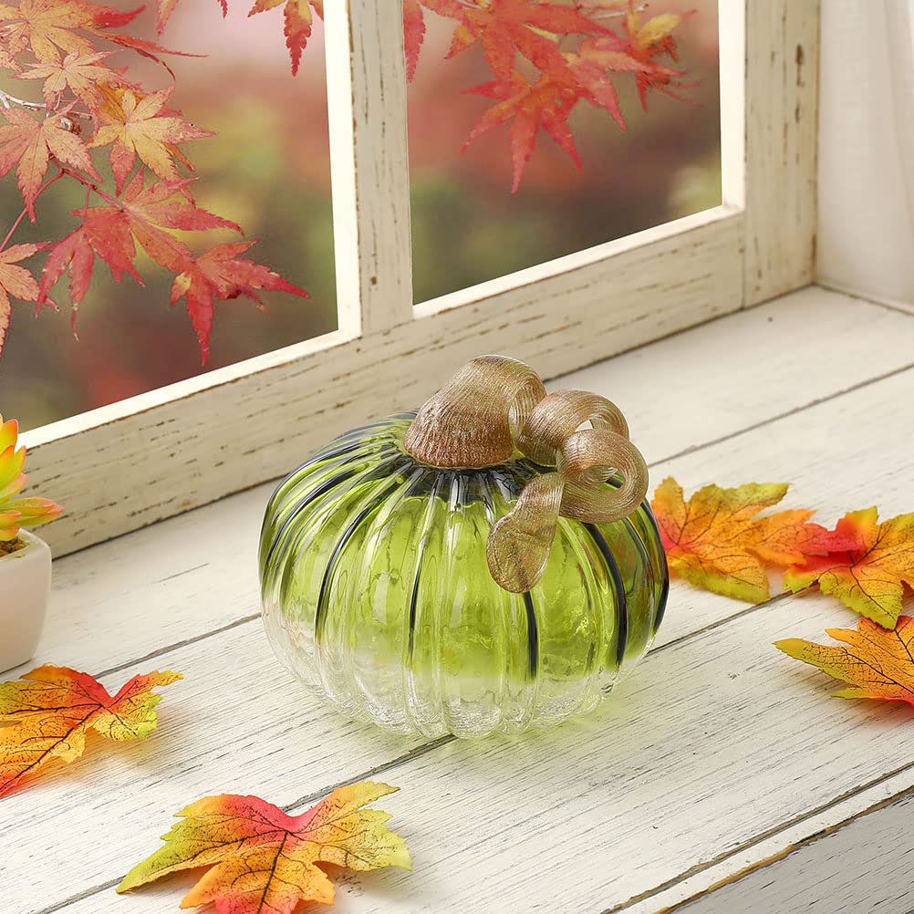 4.72 Inch Hand Blown Two-Tone Green Crackle Glass Pumpkin Table Accent for Fall Harvest Decoration