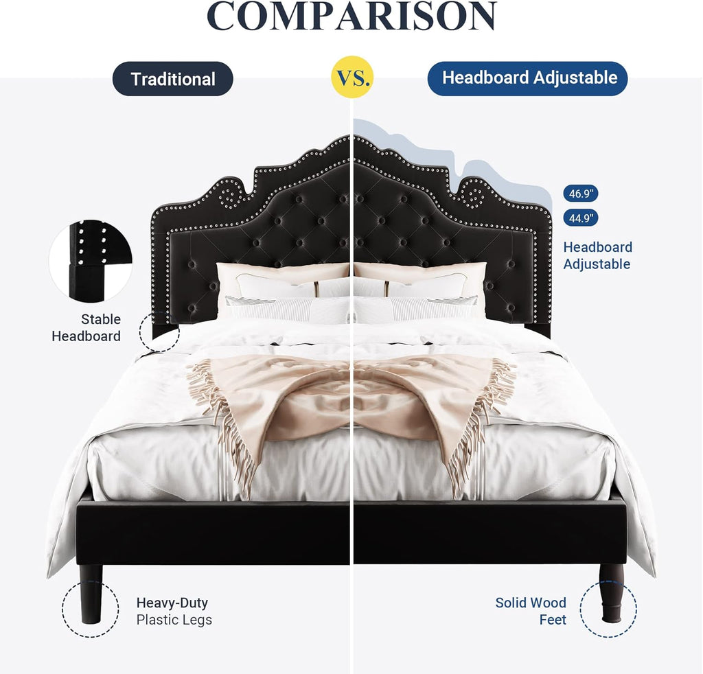 King Bed Frame with Adjustable Velvet Tiara Headboard, Upholstered Diamond Button Tufted Platform Bed