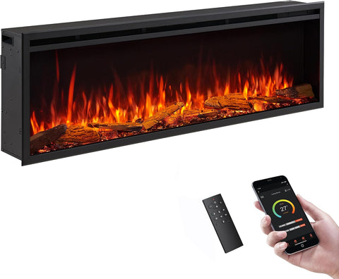 60" W Smart Wall Mount & in Wall Recessed Electric Fireplace Insert, Heater 750W/1500W
