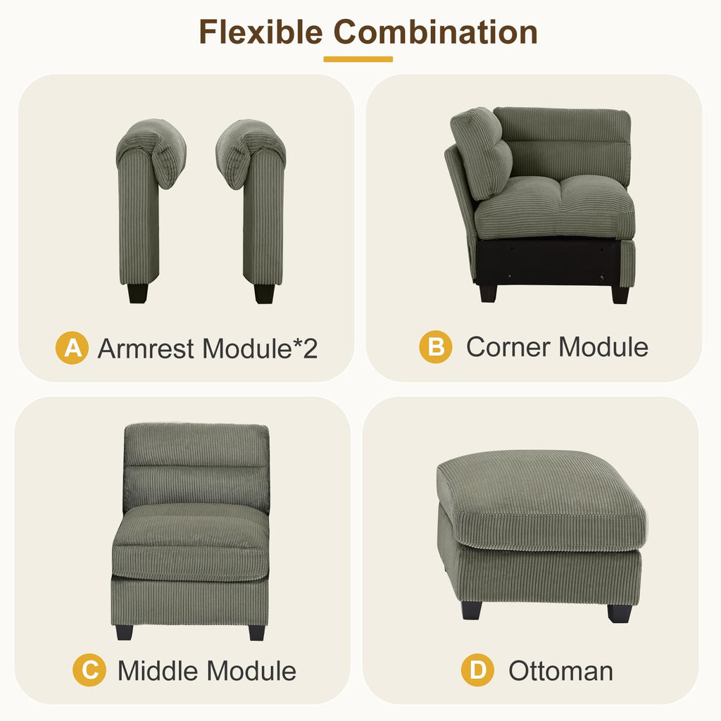 Oversized Modular Sectional Sofa with Movable Ottoman, Corduroy U Shaped Sectional Couches, 7-Seater Modular Sofas