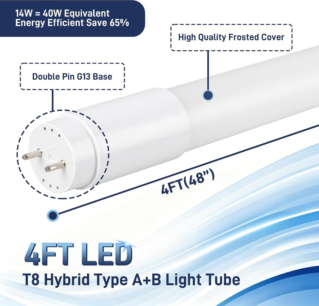 T8 LED Tube Lights 4Ft, 186LM/W 14W 2600LM 5000K, LED T8 Type A+B, DLC 6.0