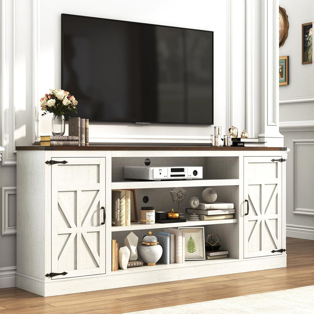 75" Farmhouse TV Stand with Power Outlets for 85 Inch TVs, 33" Tall Entertainment Center with Storage Cabinets