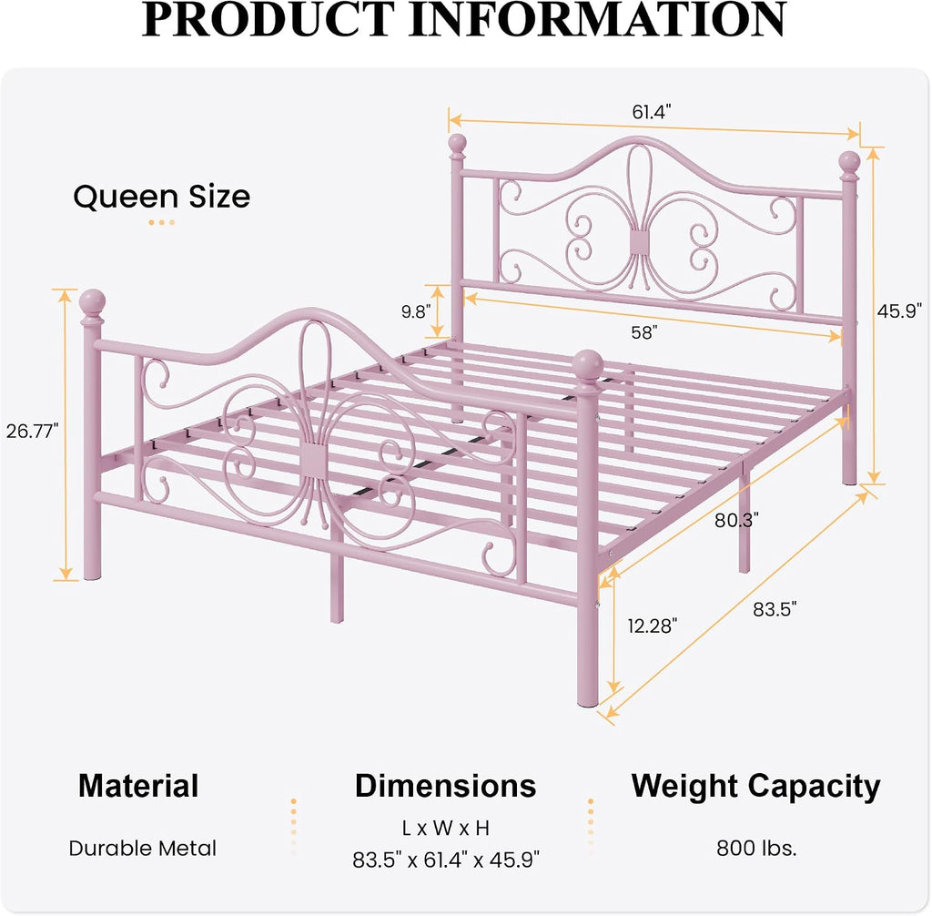 Queen Metal Bed Frame with Butterfly Headboard & Footboard, No Box Spring Needed