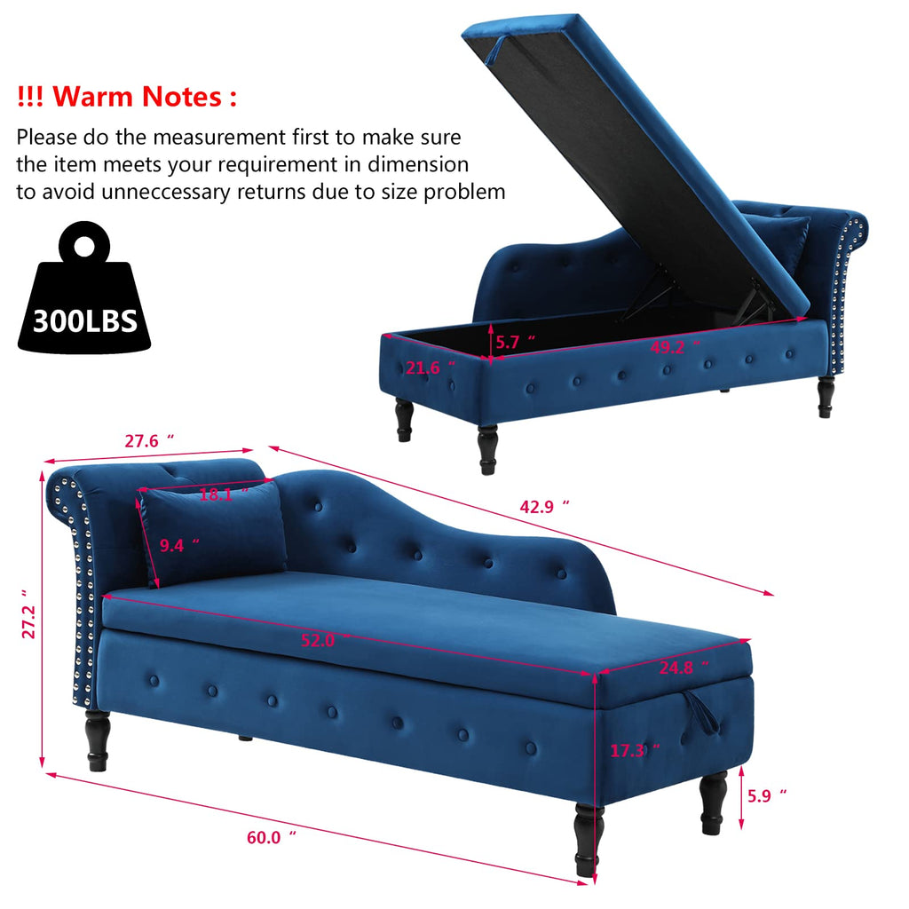 Velvet Indoor Chaise Lounge Chair with Storage Bedroom Office, Rolled Arm End of Bed Ottoman Bench, Tufted Chaise