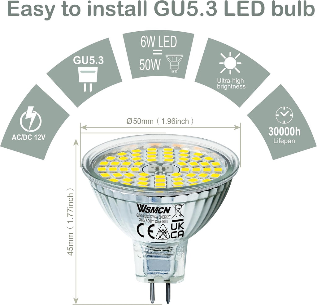 MR16 GU5.3 LED Bulbs 6W Replace 60W Halogen Equivalent 6000K Cool White 485Lm, 12V Low Voltage Non-Dimmable 120°