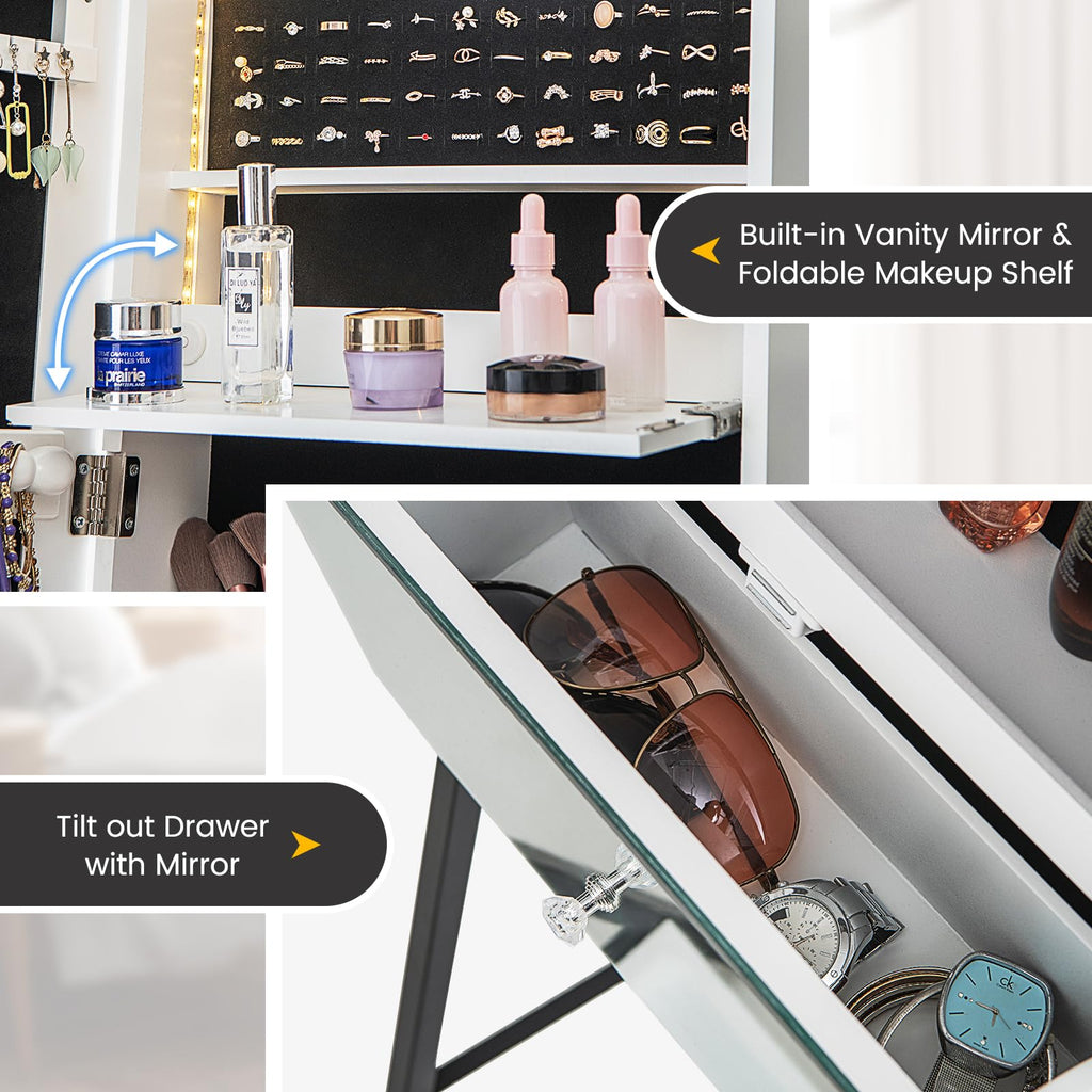 Jewelry Cabinet Armoire with Full Length Mirror, 3-Color Light Strips, Mirrored Tilt out Drawer, Lockable Standing