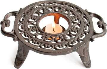 9 Inches Cast Iron Teapot Warmer Dish Cups Trivet,Round-Shaped Double Eared Design with Tealight Holder - Heavy Duty