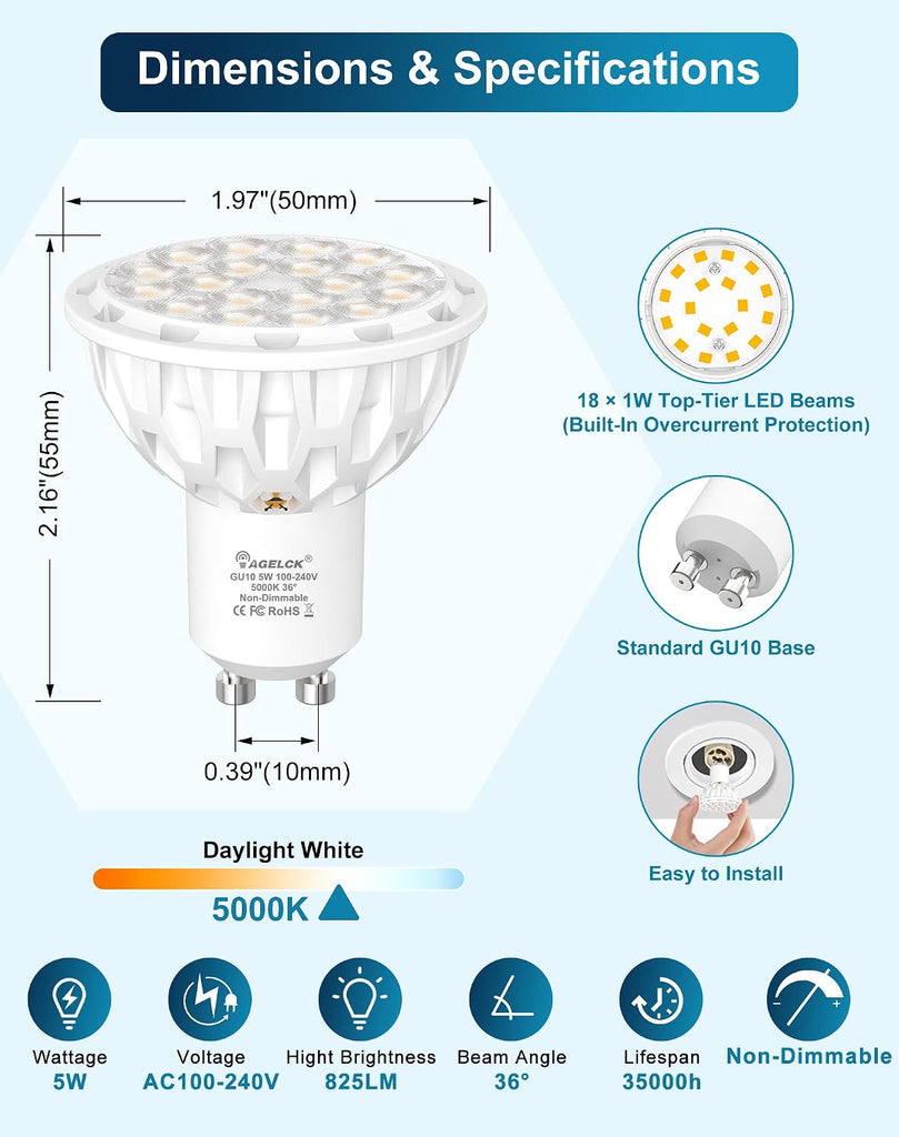 GU10 LED Bulbs 5000K Daylight White 5W 825LM AC100-240V Non-Dimmable 6-Pack