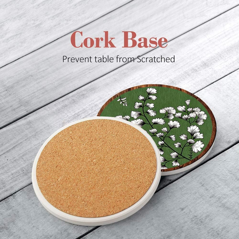 Boho Botanical Art Drink Coasters Set of 6, Round Absorbent Ceramic Coaster, with Metal Holder and Cork Base, Rustic