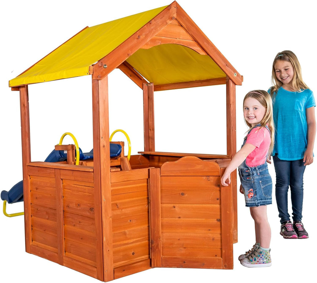 Encinitas Wooden Playhouse with 4' Slide, Yellow Canopy & Table, Outdoor Backyard Playhouse for Kids with Ladder