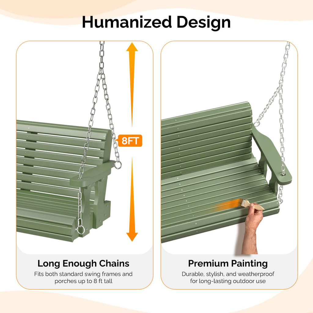 2026 Upgraded 5 FT Wooden Porch Swing, 880 LBS Heavy Duty, Green
