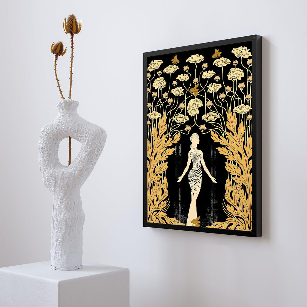 Art Nouveau Goddess Demeter Painting, Black and Gold Print Canvas Art, Bohemian Greek Goddess Poster, Boho Flower and