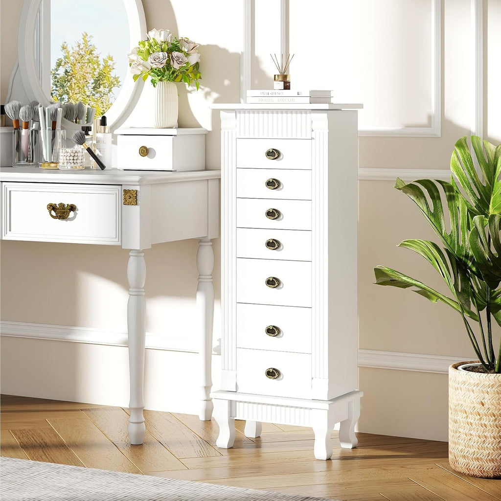 Jewelry Armoire, Standing Jewelry Box w/Mirror & 7 Drawers, White