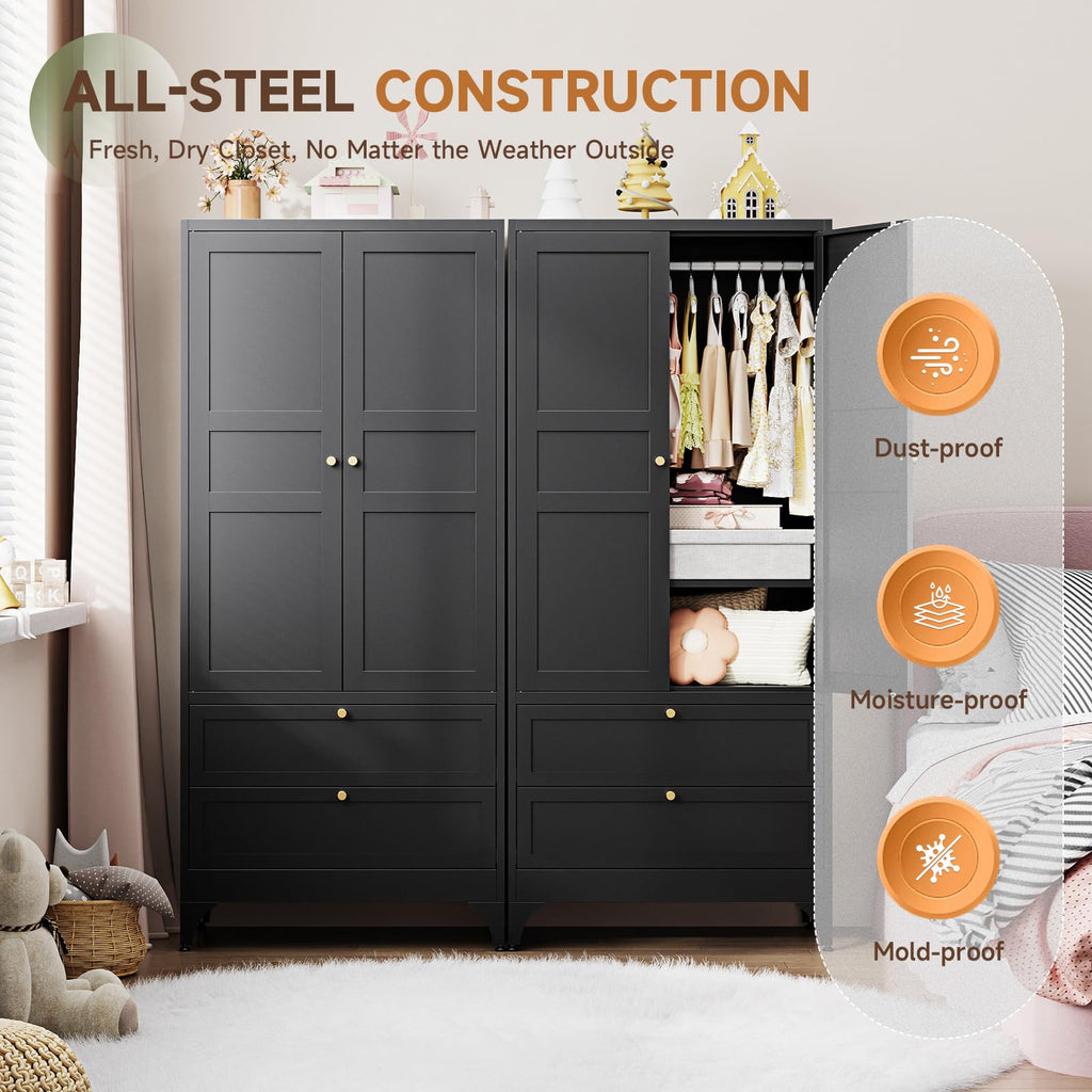 Metal Armoire Wardrobe Closet with Drawers, Clothing Storage Cabinet with Doors and Shelves, Coat Closet with Hanging