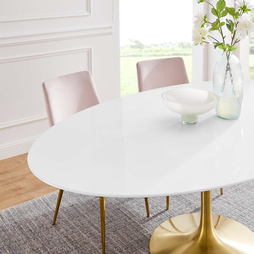 Inspired Tulip Style Oval Pedestal Dining Table — Gold Base / White Top, 78″ Oval
