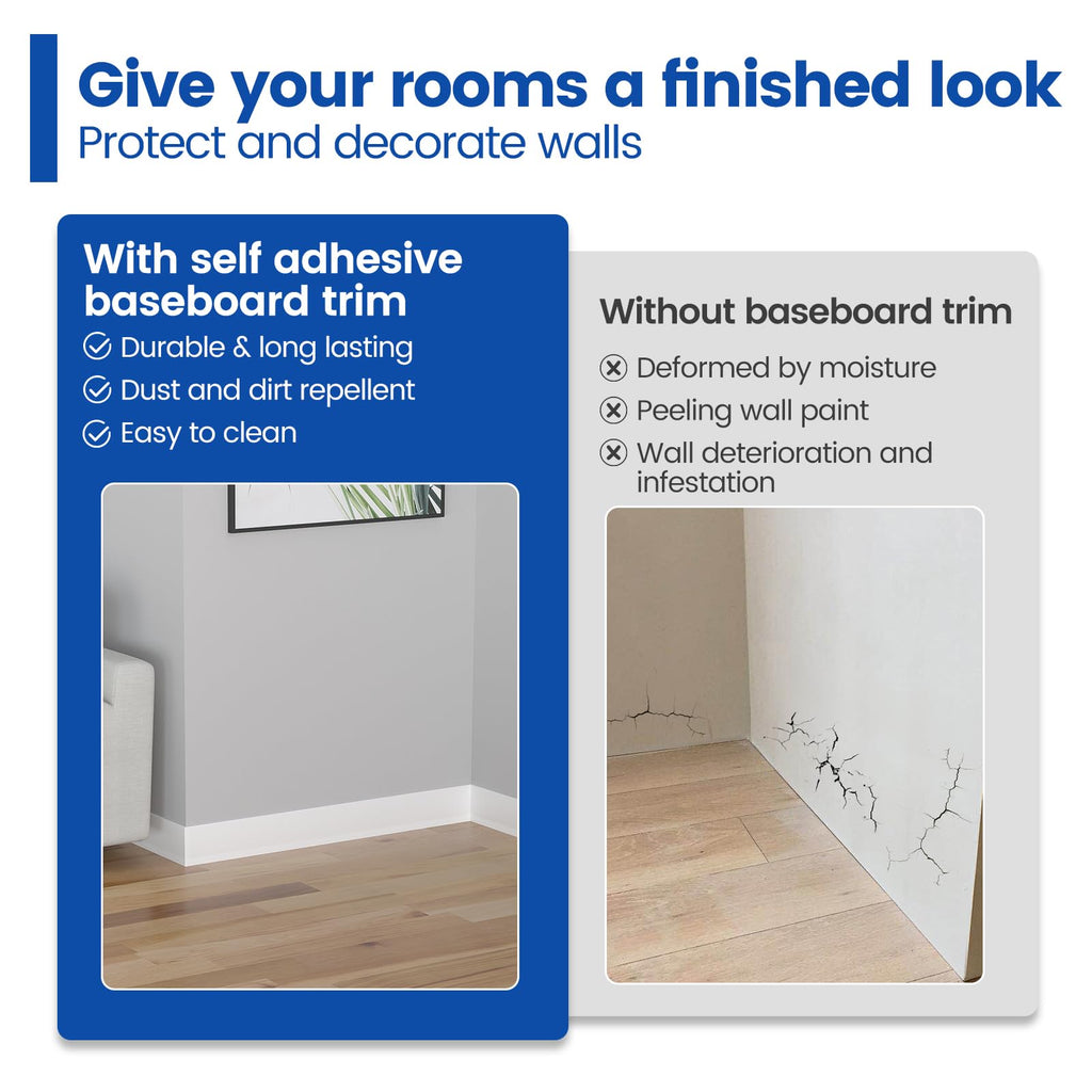 4"×60' White Vinyl Baseboard Molding Trim with Self Adhesive