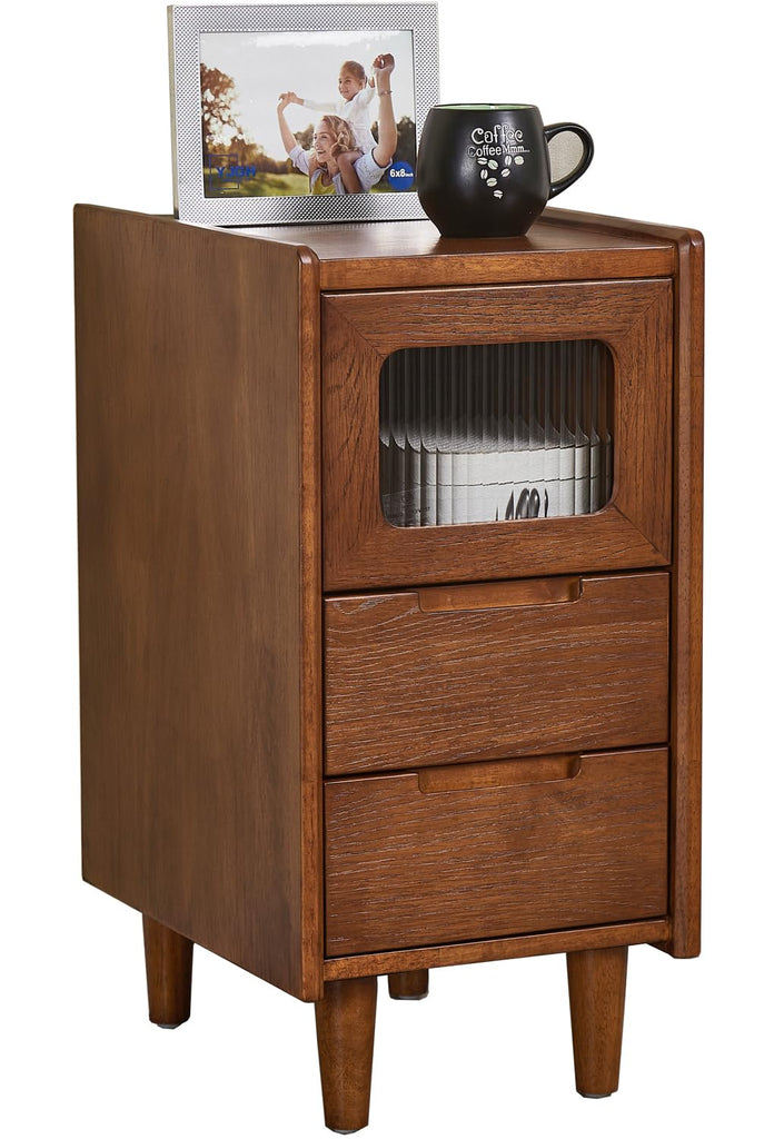 Solid wood Nightstand, Glass Door Storage Cabinet with 2 Drawers Walnut