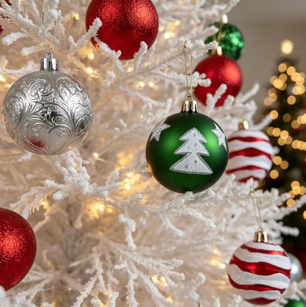 Shatterproof Red Green White Christmas Ornaments Tree Decorations - Set of 30