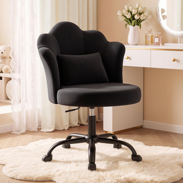 Black Vanity Chair with Wheels, Petal Velvet Armless Desk Chair