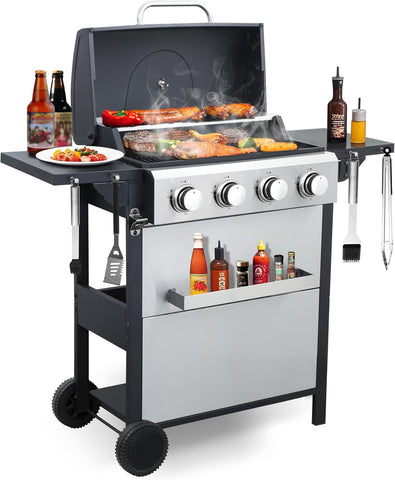 4-Burner Propane Gas Grill, 34,200 BTU BBQ Grill with Stainless Steel Control Panel, Temperature Gauge and Porcelain Cooking Grates