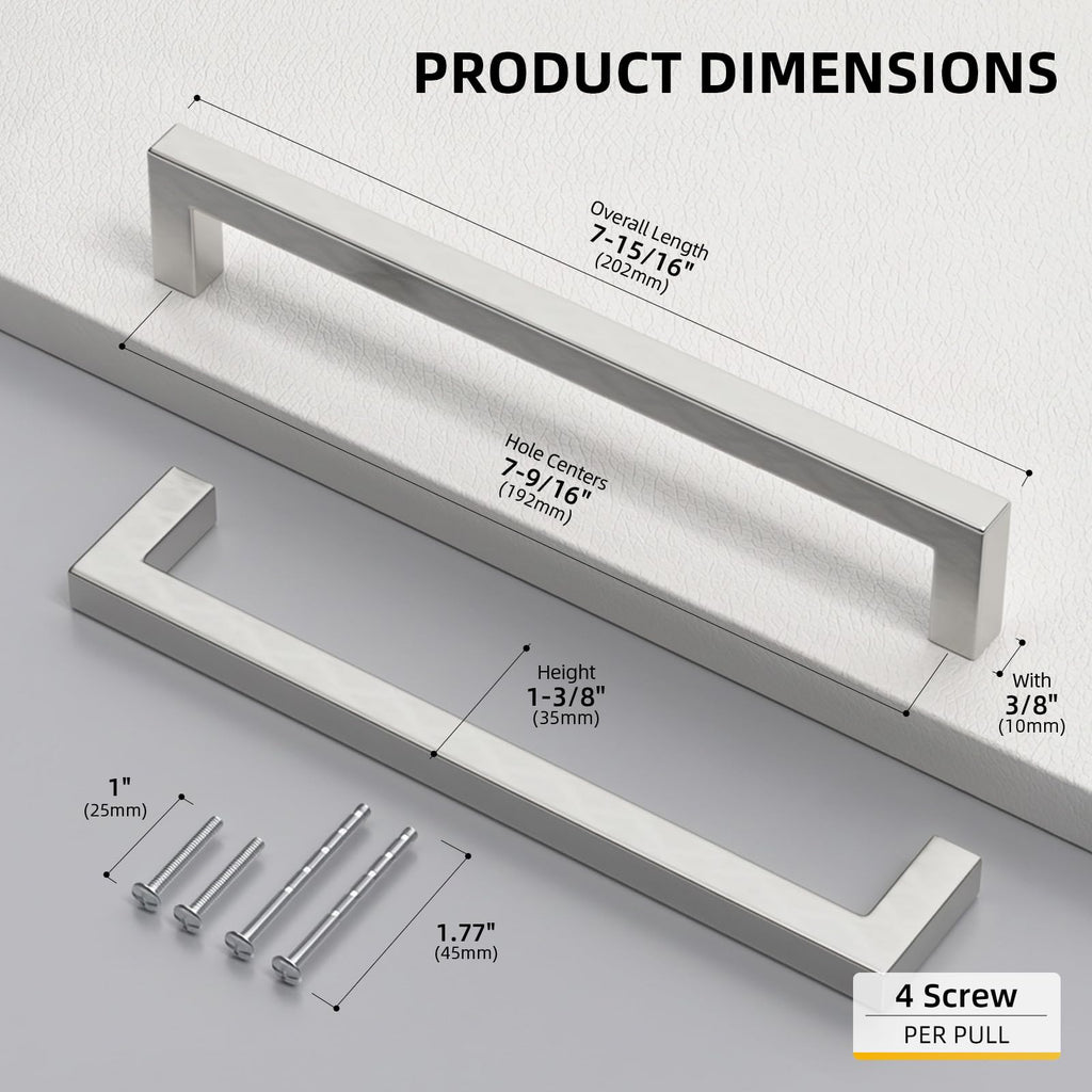 Brushed Nickel Cabinet Pulls 80 Pack 7-1/2 Inch, Square Drawer Handles, Stainless Steel, Screws Included, Silver