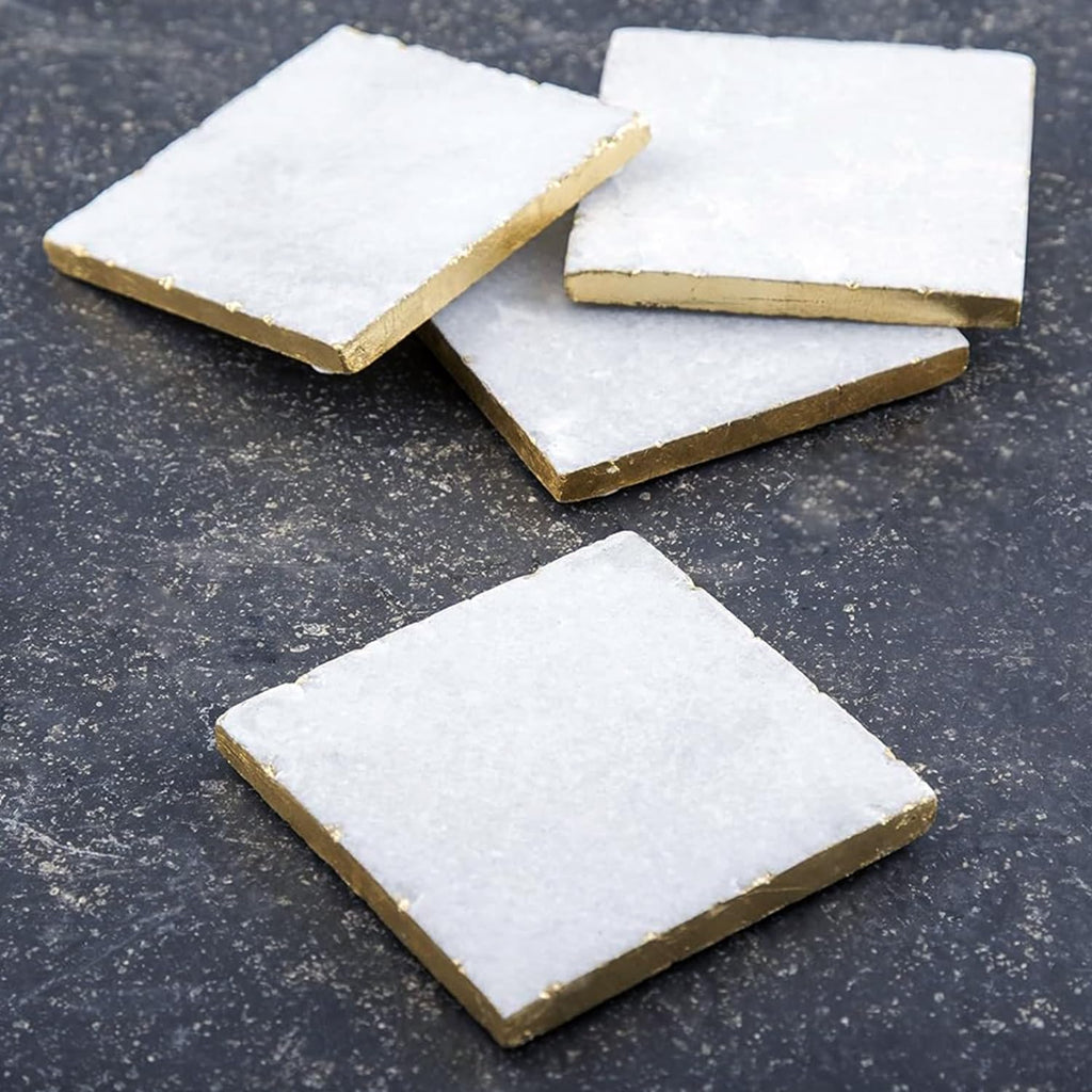 Square White Marble/Gold Edged Coasters (), Multicolor - Set of 4