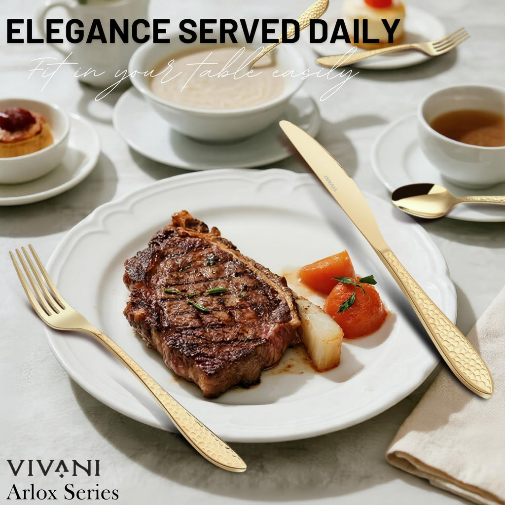 40-Piece Champagne Silverware Set for 8, Hammered Flatware Set