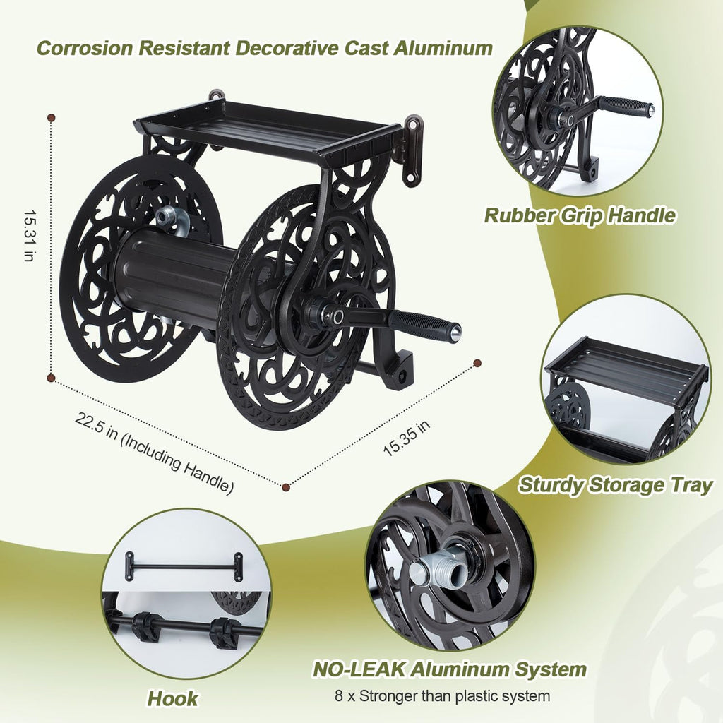 Metal Wall Mount Garden Hose Reel for Outside, Holds 125 ft x 5/8'' Hose Storage, Decorative Heavy Duty Water Hose